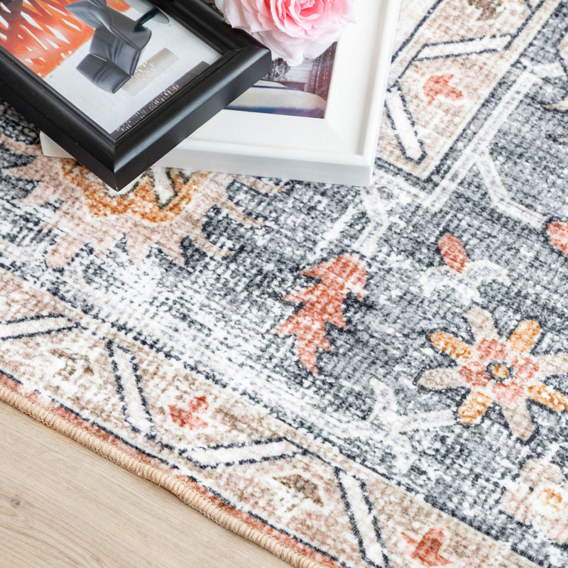 Janna Oriental Medallion Design Performance Machine Washable Area Rug Orange/Ivory/Pink, Rectangle 5' x 7'