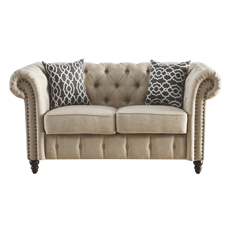 Carlson Chesterfield Loveseat with Accent Pillows, Beige Linen
