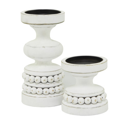 Wood Beaded Pillar Decorative Candle Holder Set