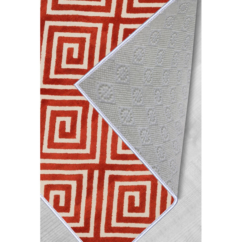 Tapis géométrique en polyester tissé à la machine en rouge / blanc, Rectangle 2 pi 7 po x 4 pi 11 po