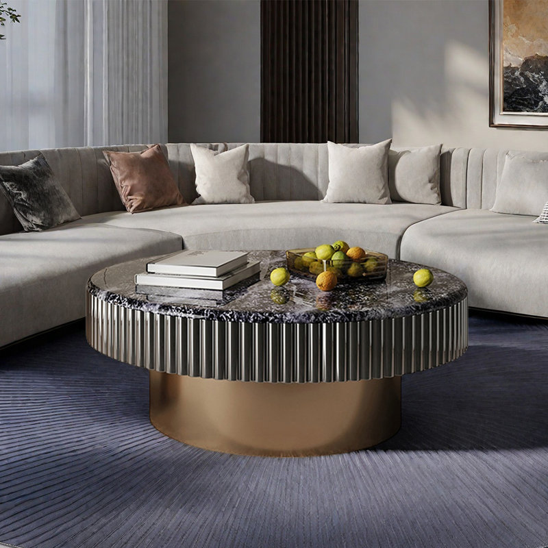 Table basse ronde en pierre micro-cristalline, H 13,8 po x L 35,4 po x l 35,4 po