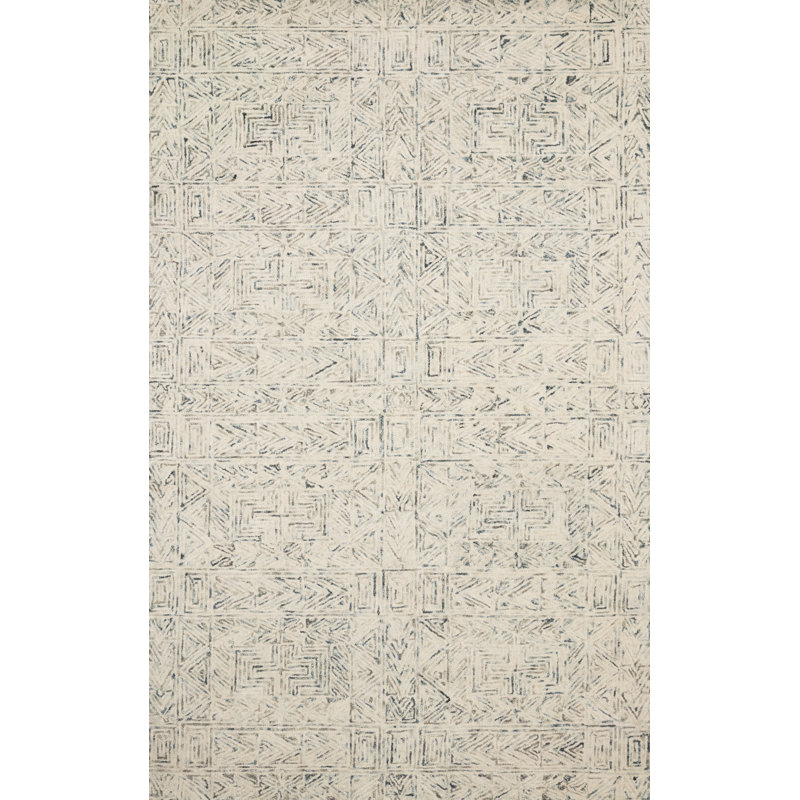 Tapis bleu / beige en laine touffeté à la main Maximillian, Carré 1 pi 6 po