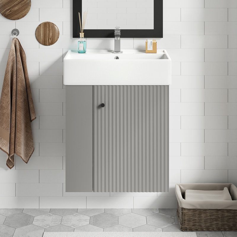 Meuble-lavabo flottant moderne avec lavabo en céramique, rangement à gauche, panneau de fibres à densité moyenne gris, 21,6 po