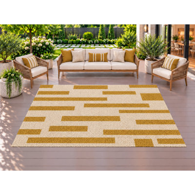 Tapis d'extérieur 152 x 213 cm (5' x 7') à rayures moutarde, épais, imperméable, en PVC bouclé, résistant et à séchage rapide, idéal pour terrasse, balcon, entrée, VR ou autre espace de vie.