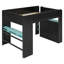 Lit mezzanine double avec bureau réglable éclairé, armoire ouverte et bibliothèque-1091934965