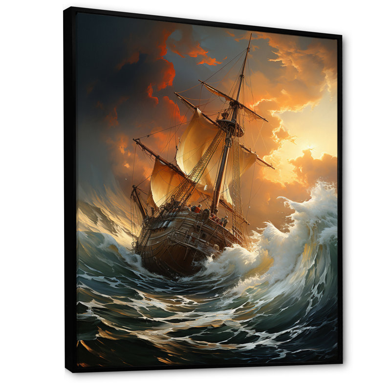 Blanc majestueux voilier en tempête I, reproduction d'art sur toile, Cadre flottant noir, H 40 po x l 30 po x P 1,5 po