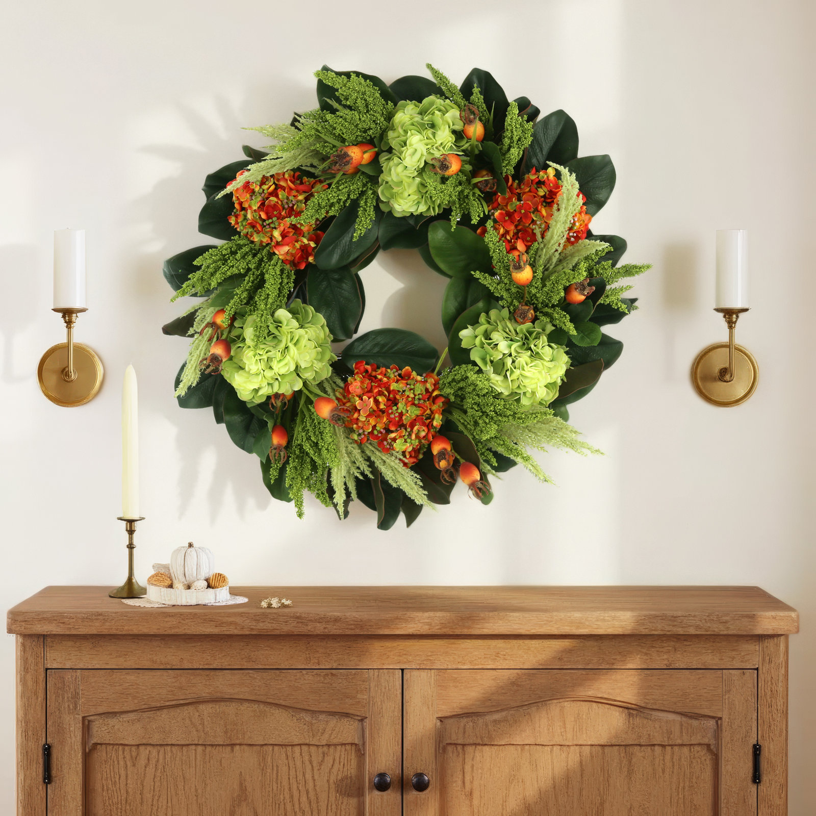 28" Fall Wreath with Hydrangeas and Magnolia Leaves