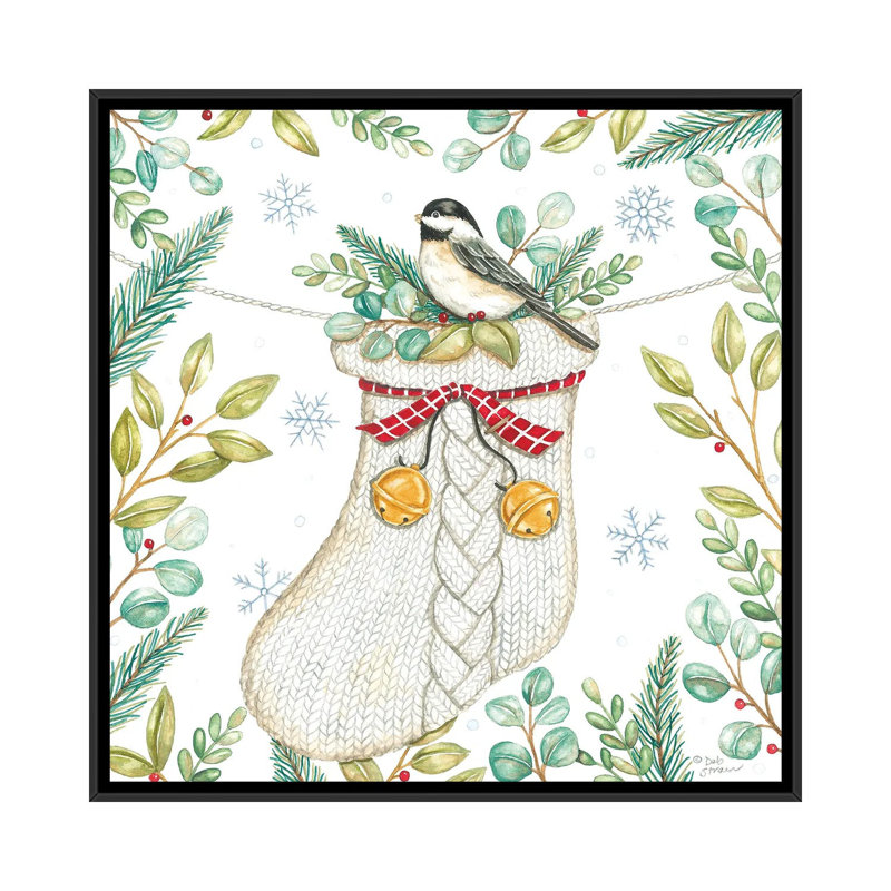 Jingle Bell Chickadee - reproduction d'art murale - toile encadrée, H 26 po x l 26 po, Impression encadrée sans passe-partout
