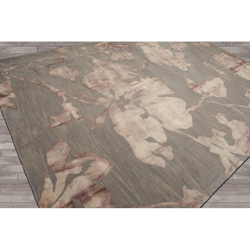 Tapis gris contemporain en laine botanique touffeté à la main de style oriental, Rectangle 8 pi 8 po x 12 pi