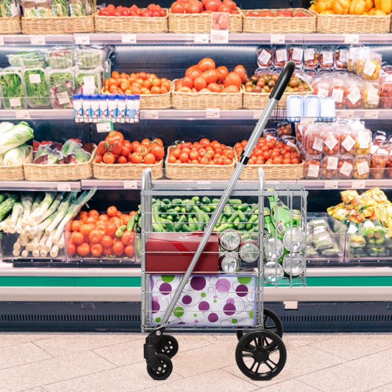 Folding Shopping Cart Portable Utility Cart Double Basket Grocery Utility Cart