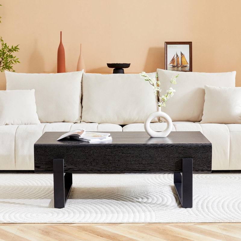 47.24" Rectangle Coffee Table with Marble Pattern Desktop & Metal Legs for Living Room, Dining Room, or Small Space - Black
