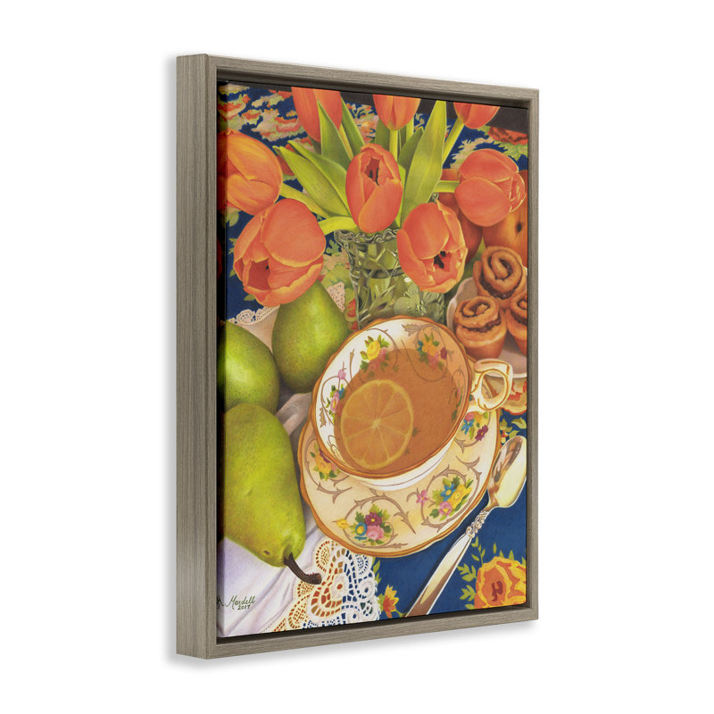 «Tea with Orange Tulips», art mural encadré par Mardell Schuster, Cadre flottant orme Montalcino, H 21 po x l 17 po