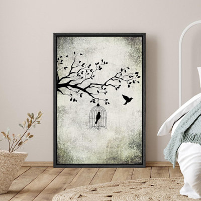 Signe, reproduction d'art sur toile encadrée, oiseau en cage dans un arbre, illustrations de nature sauvage, art moderne, minimaliste, dramatique, cool pour le salon, la chambre à coucher, le bureau