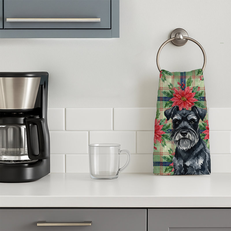 Black Miniature Schnauzer Christmas PoinsettIas Kitchen Towel, Black Miniature Schnauzer