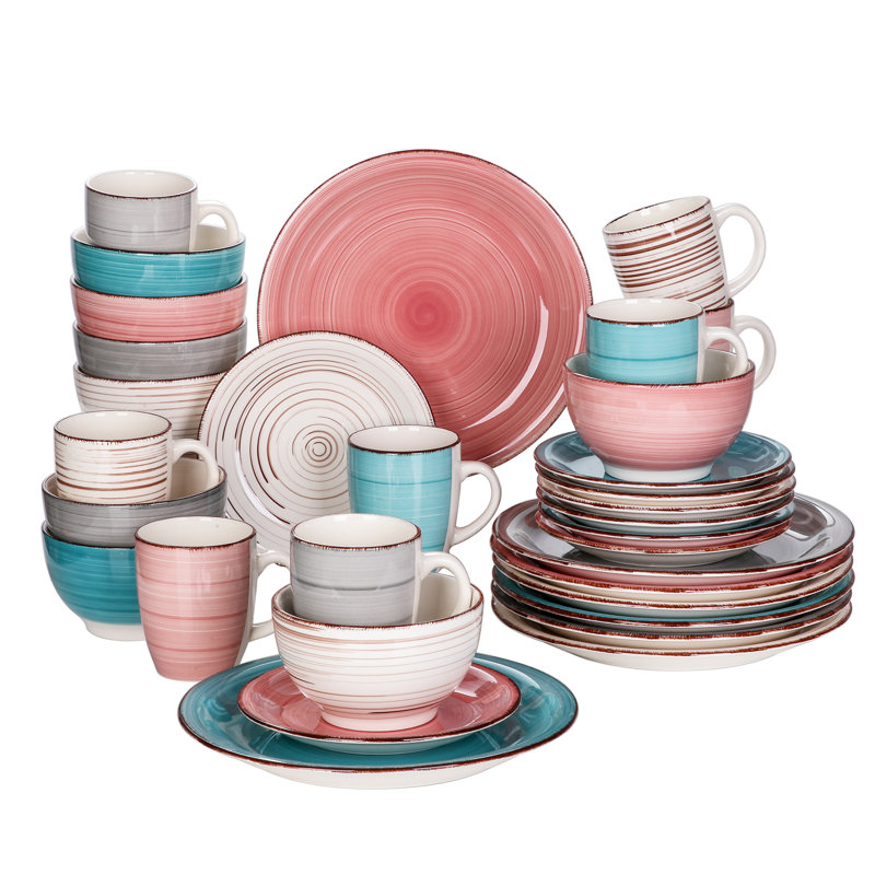 Beige, Salmon, Gray, Blue Ceramic 32-Piece Dinnerware Set for 8