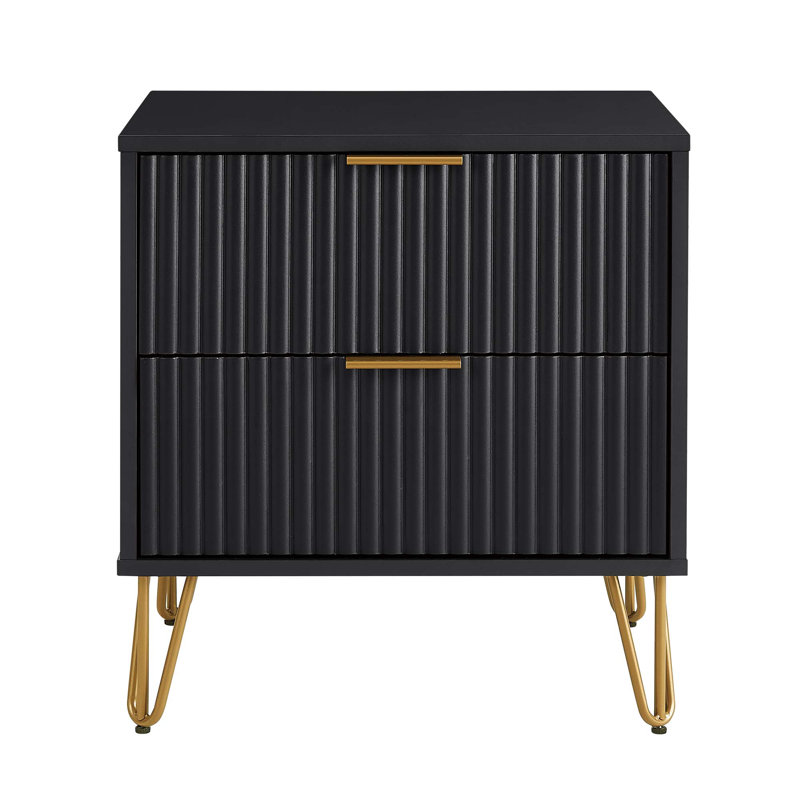 Dumbo 20" Fluted Nightstand In Black (2-Drawer), Black/Gold