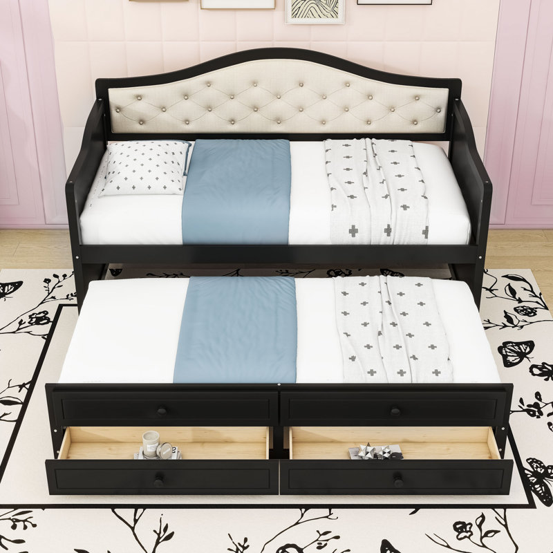 Twin Wooden Daybed with Trundle and 2 Drawers, Black