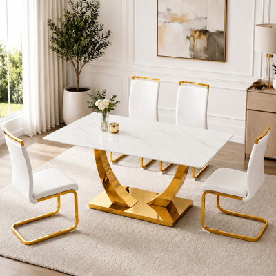 Modern Glam 5-Piece Faux Marble Dining Set with Faux Leather Cantilever Chairs