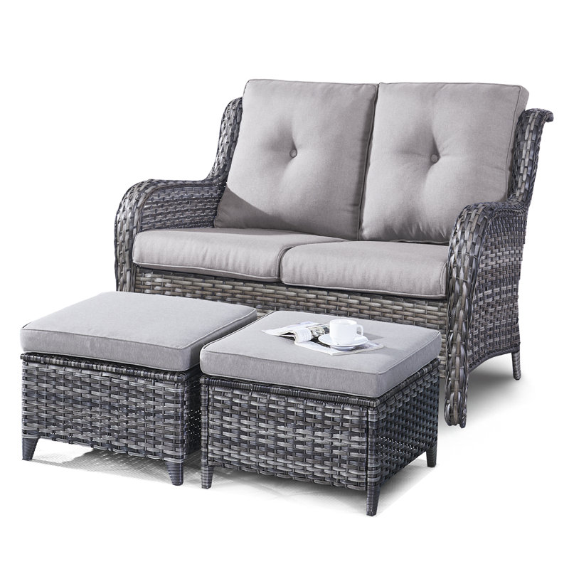 Bonia 52.7" Wide Outdoor Loveseat with 2 Ottomans and Cushions, Gray, Gray