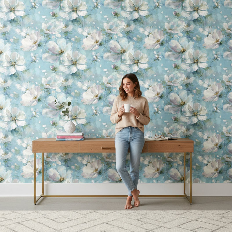 Papier peint floral abstrait mural bleu