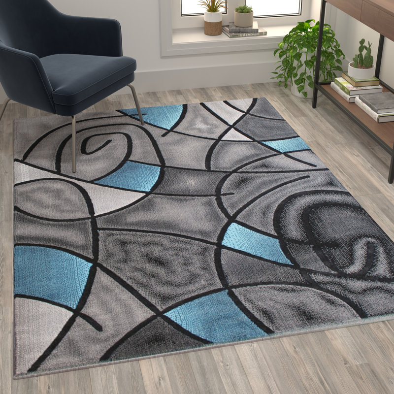Sioar Blue/Gray Abstract Design Accent Area Rug, Rectangle 5' x 7'