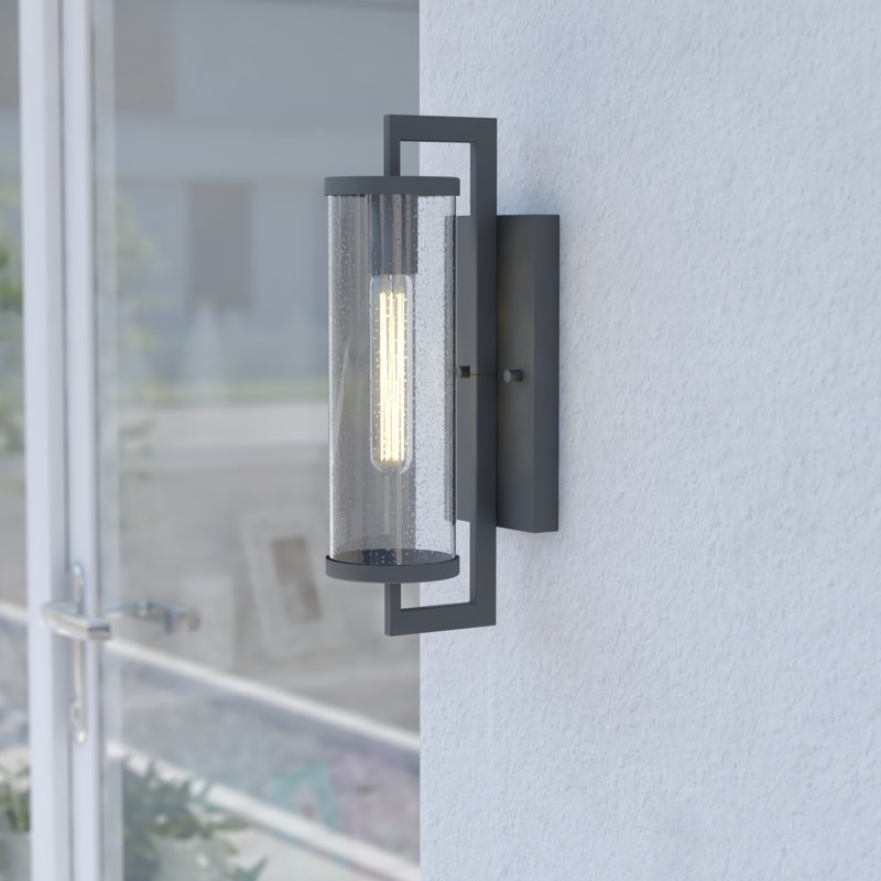 Dunston Natoli 1 - Light Seeded Glass Outdoor Armed Sconce with Dusk to Dawn, 16" H x 4.25" W x 7" D, Matte Black