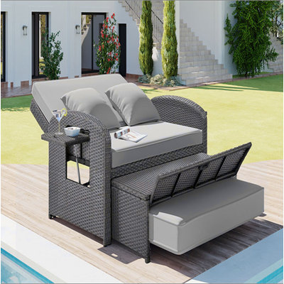 Méridienne double en rotin d'osier, lit de jour inclinable pour 2 personnes avec dossier et coussins réglables, housse de protection gratuite pour meubles