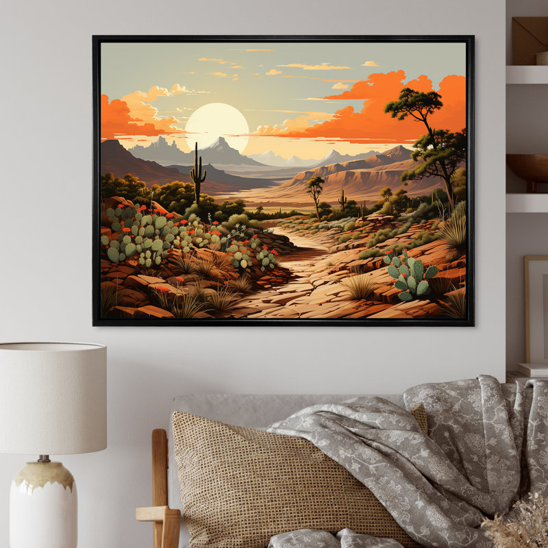 Cactus charme dans un paysage de montagne sur toile, Cadre flottant noir, H 12 po x l 20 po x P 1 po