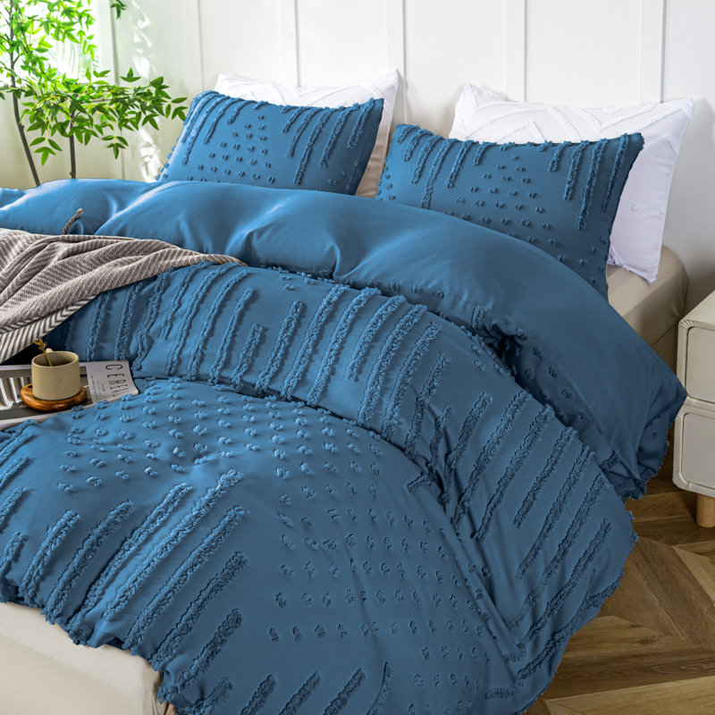 Tufted Bohe Duvet Cover Set Beddings , Blue Geometric Shapes, King Duvet Cover + 2 Standard Pillowcases