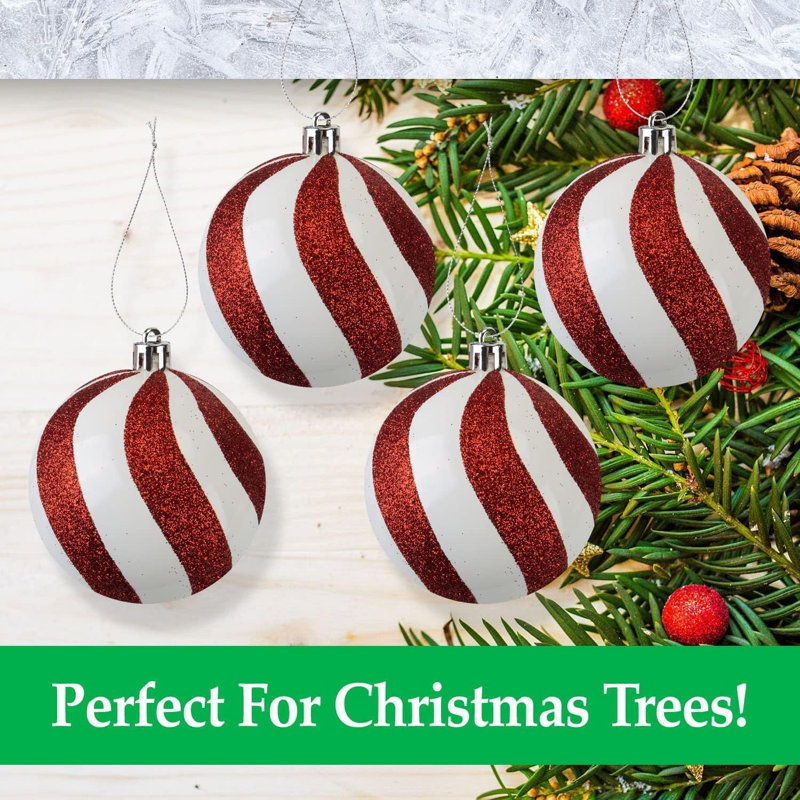 Red & White Stripe Candy Cane Baubles, Festive Christmas Tree Ornaments for Home Décor, 6 Pack, 15cm H x 15cm W x 15cm D