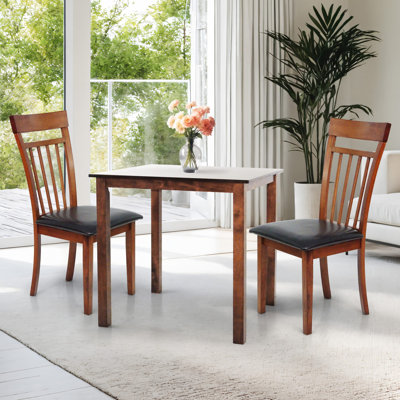 3-Piece Dining Table Set, 2 Classic Style Solid Wood Warm Chairs with Round Dining Table, Kitchen Room Set, with PU Leather Fabric