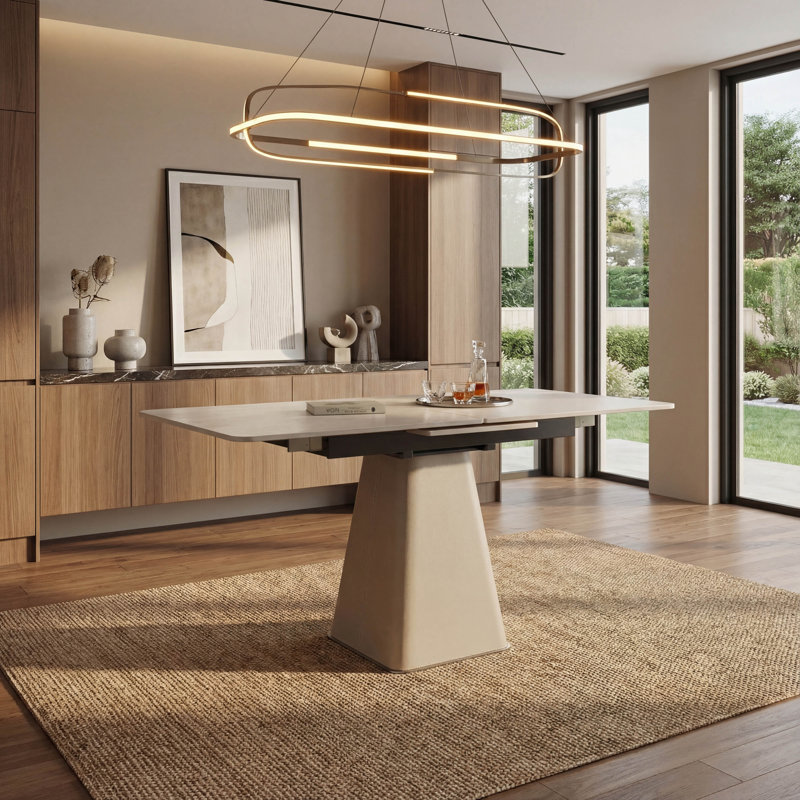Modern Expandable Folding Dining Table with Leather-Wrapped Base Square Retractable Rock Slab Top Space Saving Kitchen Table for Small Apartments