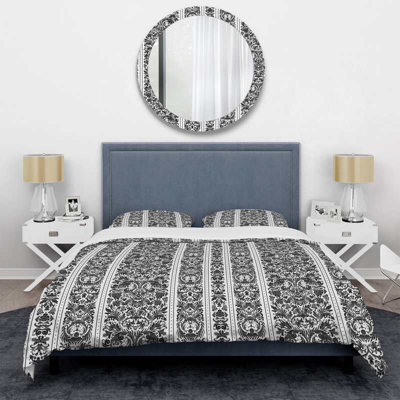 Fleur grise rayée - ensemble de housse de couette abstrait - polyester microfibre