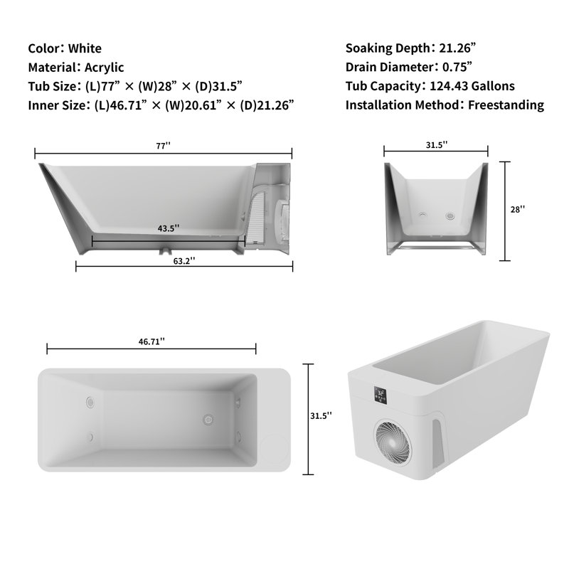CASAINC All-in-One Ice Bath Cold Bathtub With Built-in Chiller & Heater