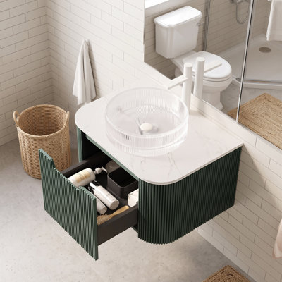 Meuble-lavabo mural 24 po en contreplaqué, vert foncé, armoire de rangement imperméable et anti-déformation avec bords arrondis et conception rayée, pré-assemblé, n'inclut pas le robinet ni les raccords de drain