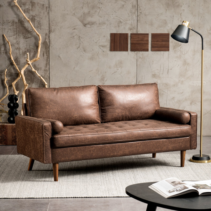 Aisha 70" Faux Leather Square Arm Loveseat, Chocolate Brown Faux Leather