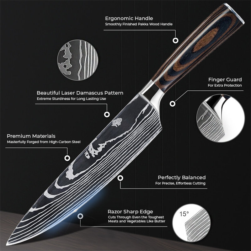 Senken Knives Senken Knives Complete 8-Piece Japanese Kitchen Knife Set With Damascus Pattern - The Imperial Collection - Japanese Chef Knife Set with Smooth Wooden Handles - Ultra Sharp for Fast Cutting