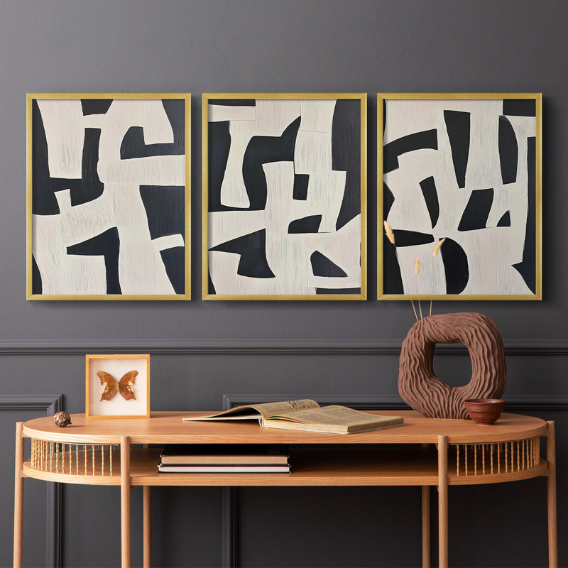 Abstract  Series  CXCV  -Set Of 3 Framed Giclee Prints -Ready to Hang, Gold, 28" H x 66" W