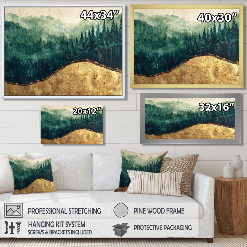 «Pine Trees Forest Landscape Into A Wood Slide II», art mural grand arbres, Cadre simple, Noir, H 12 po x l 20 po