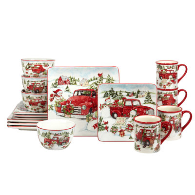Red Truck Snowman 16Pc Dinnerware Set