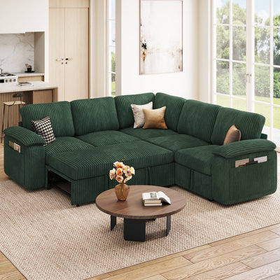 L Shape Corner Sectional with Pull Out Bed, Sleeper Sectional Sofa with Storage, Green