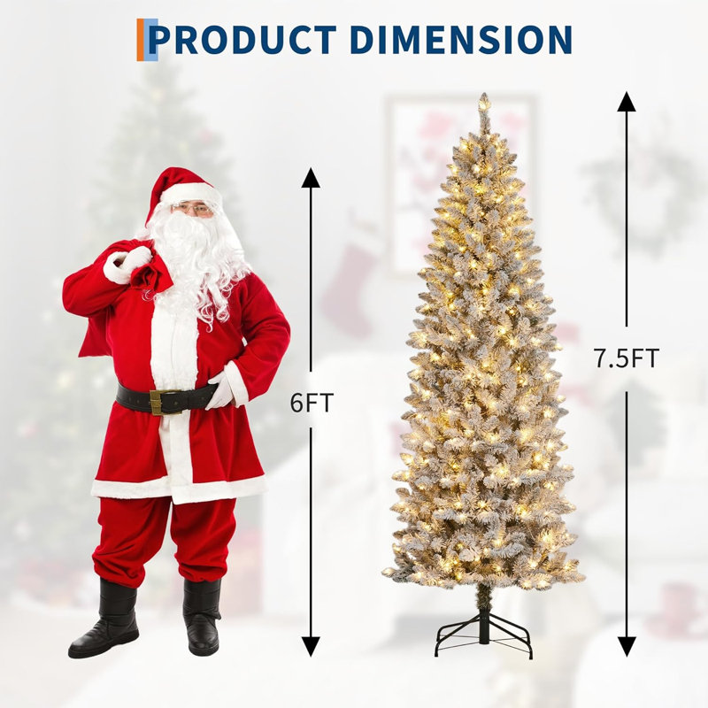 Arbre de Noël 7,5 pi avec crayon, arbre artificiel givré pré-éclairé, décoration de Noël pour les arbres de Noël maigres, avec lumière DEL et base en métal
