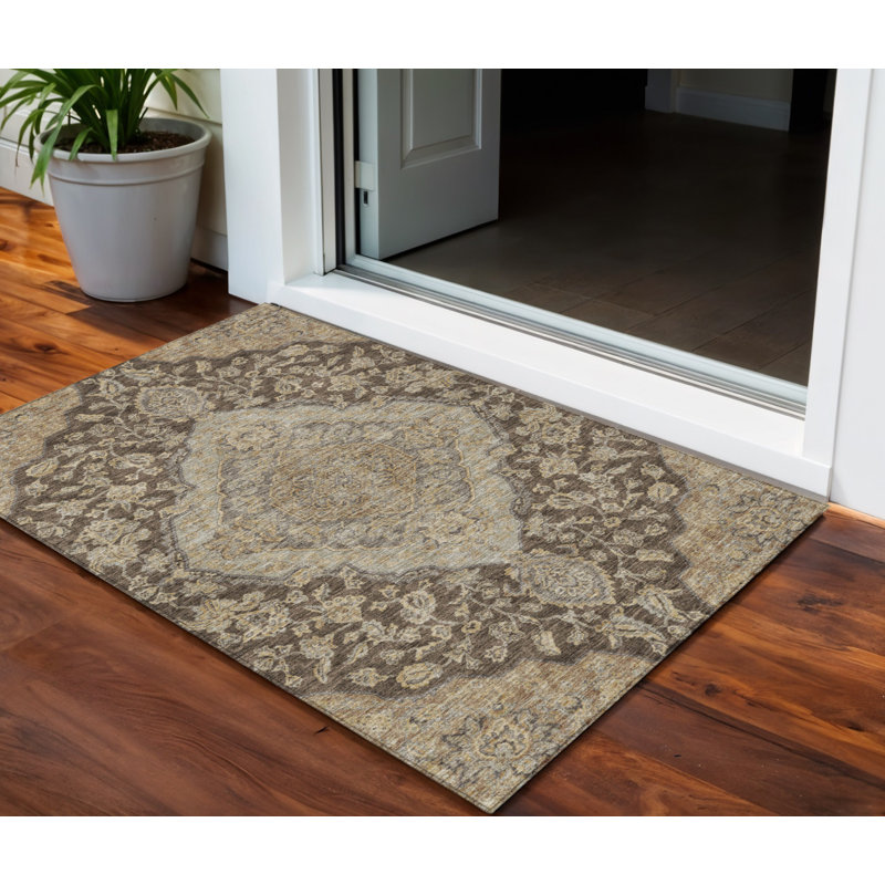 Tapis intérieur / extérieur oriental lavable beige et gris chocolat 3 pi x 5 pi