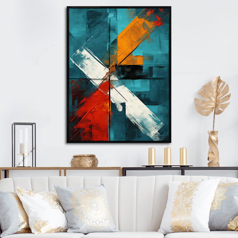 Impossible Logic Of Love, abstrait en bleu sarcelle - peinture murale abstraite, H 32 po x l 16 po, Cadre flottant noir