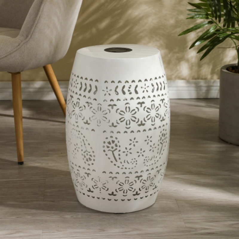 Solar Powered Iron Side Table With Flower Pattern Light, White, 12.5X12.5X18.25 Inch, Outdoor Decorative Table With LED