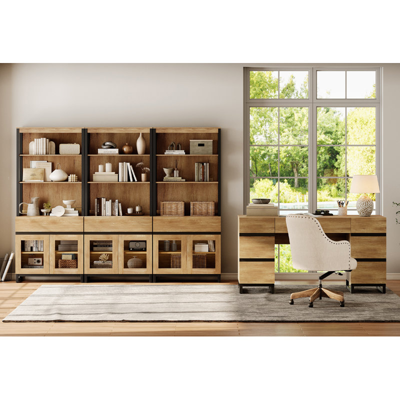  Home Office Furniture Set: 59In Modern Executive Desk With Charging Station & Drawers And Three 72In Tall Bookcases With Storage Cabinet, Home Office Furniture For Living Room