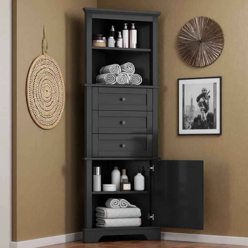 Armoire d'angle haute triangulaire avec 3 tiroirs et tablettes réglables | Unité de rangement peu encombrante pour la salle de bain, la cuisine et le salon, fini peint en panneau de fibres à densité moyenne