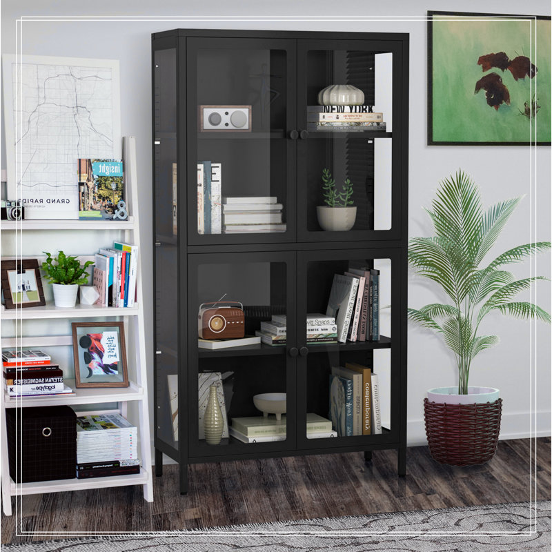 Armoire de rangement à quatre portes en verre avec tablettes réglables, buffet en acier laminé à froid