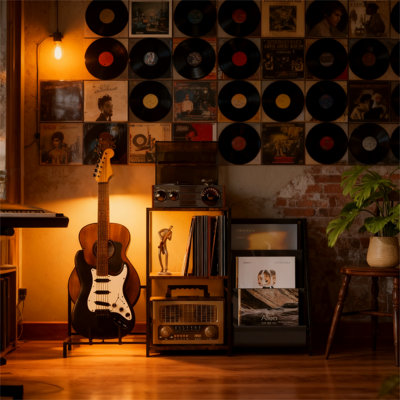 Record Player Stand With Guitar Rack, Holds 200 Albums, Living Room