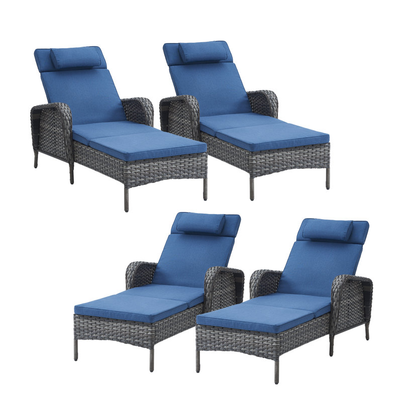 Chaise longue d'extérieur en osier avec coussins Dahlyla (ensemble de 4), Bleu, Gris